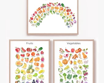Juego de 3 carteles educativos de frutas y verduras con acuarela "Come el arcoíris", imprimibles Montessori para la cocina, la habitación de los niños y la educación en casa.