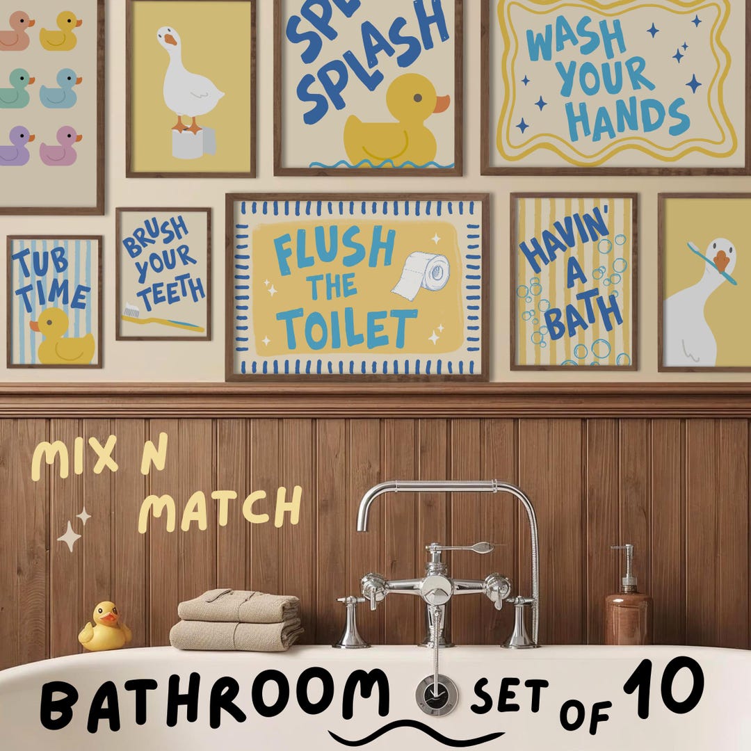 Splish Splash Havin A Bath Set of 10 Bathroom Art Prints Kids Striped ...