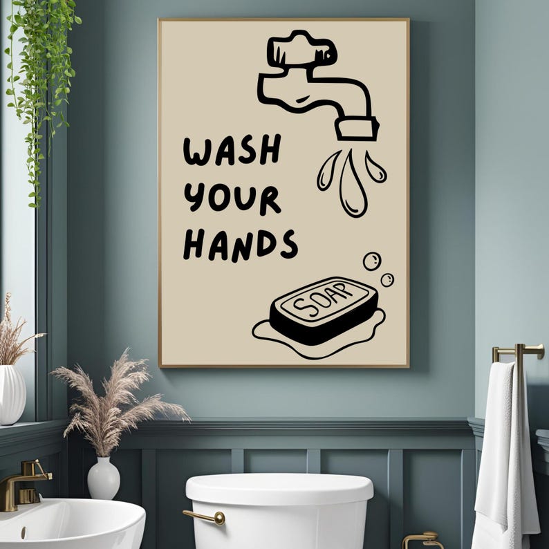 Wash Your Hands Sign Bathroom Wall Art Print Black Modern Washroom ...