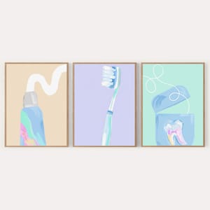Zahnheilkunde Art Prints 3er Set druckbare moderne Klinik Büro Dekor Zahnarzt Wand Kunst Zahnbürste Zahnpasta Zahnseide Kinder Badezimmer Hygiene