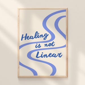以下が含まれることがあります： 「Healing is not Linear」という青い文字が書かれた額入りのアートプリント。テキストはクリーム色の背景にあり、青い波線が描かれています。フレームは明るい色の木材でできています。