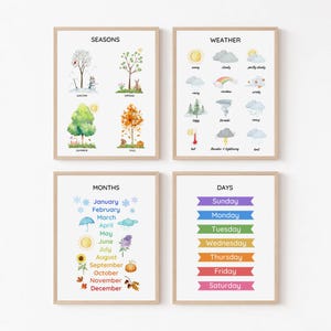 Seizoenen maanden dagen weer set van 4 educatieve poster peuter leren print boho klas decor Montessori homeschool voorschoolse kunst aan de muur