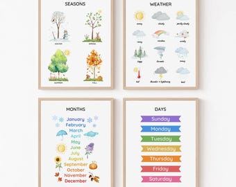 Lot de 4 affiches éducatives saisons mois jours météo pour les tout-petits, impression d'apprentissage, décoration de salle de classe bohème, art mural Montessori pour l'école à la maison, préscolaire
