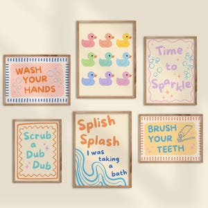 Bathroom Wall Art Set of 6 Printable Posters Fun Rubber Duck Wash Your Hands Sign Splish Splash Scrub A Dub Dub Cute Kids Bath Decor Prints
