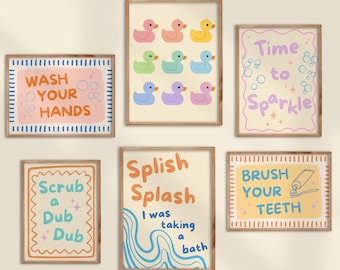 Bathroom Wall Art Set of 6 Printable Posters Fun Rubber Duck Wash Your Hands Sign Splish Splash Scrub A Dub Dub Cute Kids Bath Decor Prints