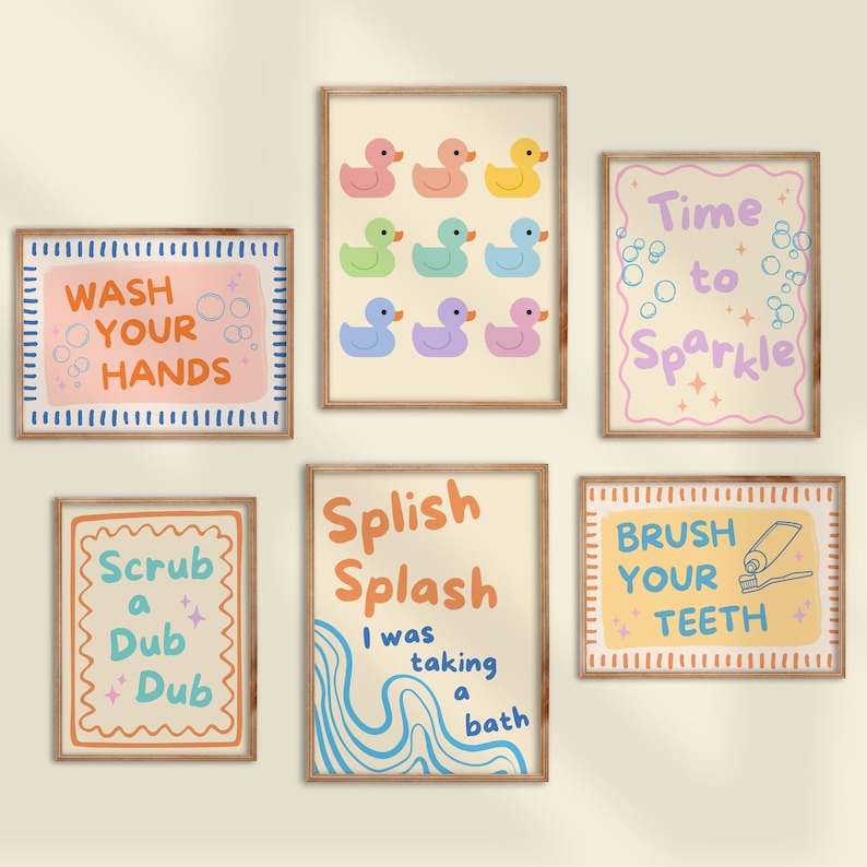 Bathroom Wall Art Set of 6 Printable Posters Fun Rubber Duck Wash Your ...