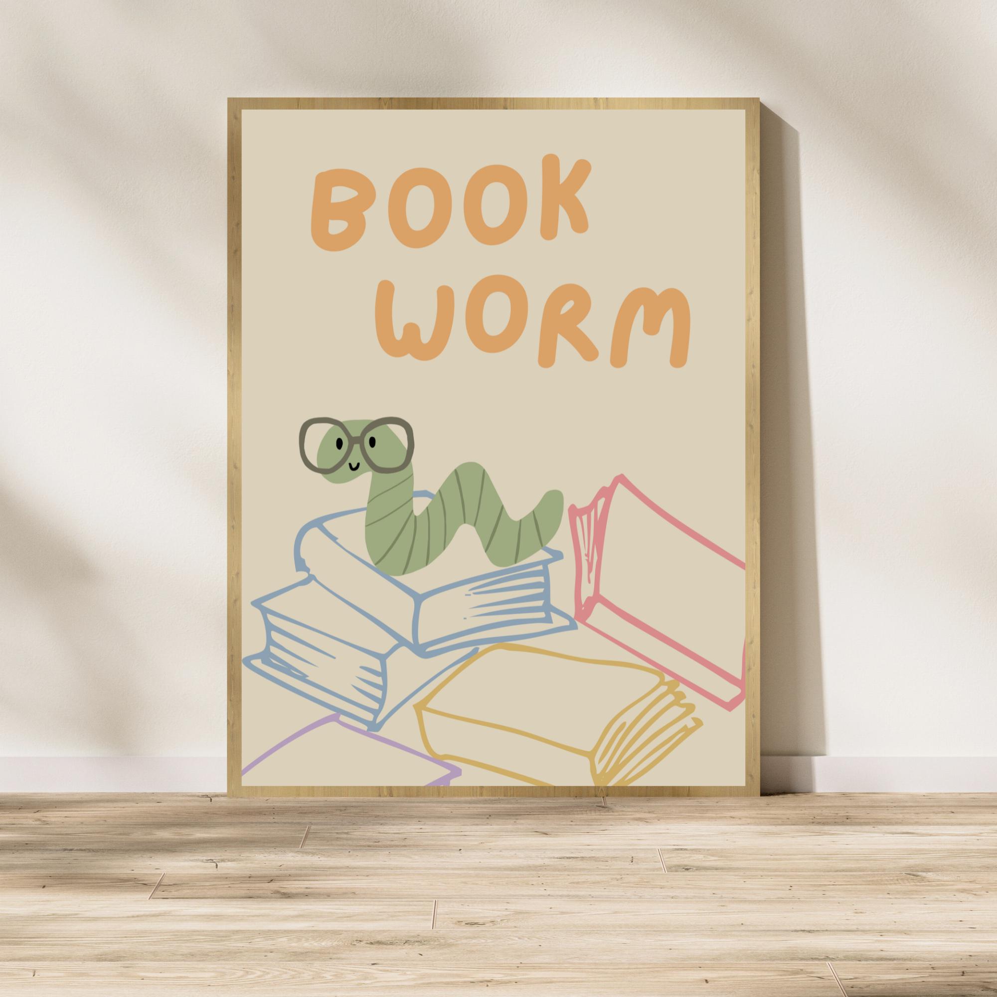 Hand-drawn Bookworm Wall Art Reading Corner Poster Story Time Print ...