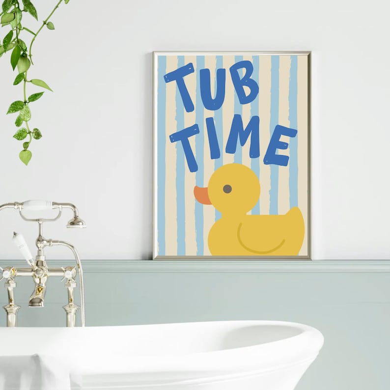 Tub Time Wall Art Rubber Duck Striped Bath Decor Kids Bathroom Sign ...