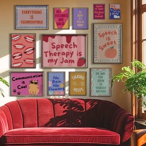 SLP Wall Art Set of 22 Speech Room Sign Posters Fun SLP Office Decor Prints Cute Colorful Language Pathology Communication Printable Artwork