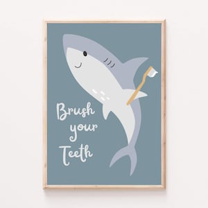 Cepíllese los dientes, tiburón, arte de baño, impresión de consultorio dental, clínica dental, decoración de pared, cepillo de dientes, pasta de dientes, póster, obra de arte de higiene bucal para niños