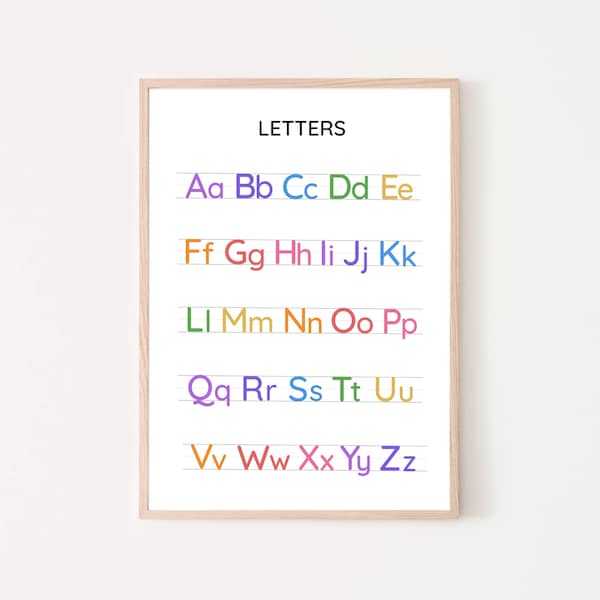 Rainbow Alphabet Poster, ABC poster, kids educational wall art, printable montessori homeschool decor, learning resources teaching materials