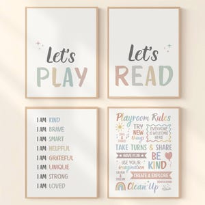 Juego de 4 carteles neutrales para sala de juegos, letreros imprimibles con reglas, decoración para habitación de niños, impresiones artísticas de pared para guardería infantil, obras de arte para dormitorio