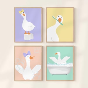 Juego de 4 láminas decorativas para baño infantil: láminas de gansos para el baño, decoración divertida y adorable para el baño, rollos de papel higiénico, cepillos de dientes, pósteres imprimibles para galería.