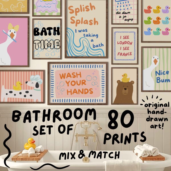 Bathroom Gallery Set of 80 Hand Drawn Kids Washroom Wall Art Bundle Funny Restroom Tub Decor Rubber Duck Goose Illustration Printable Poster