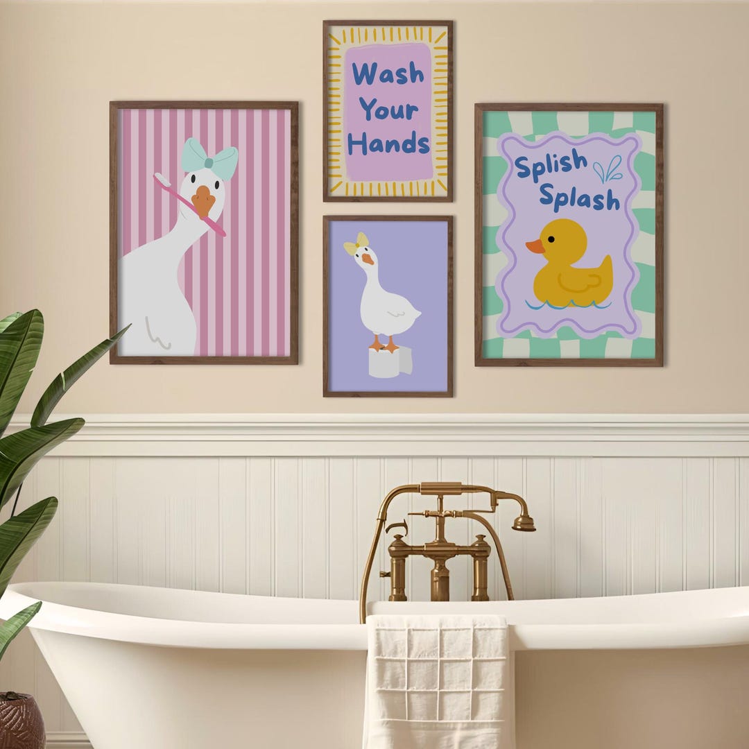 Bathroom Duck Print Set of 4 Kids Washroom Morning Routine Wall Art ...