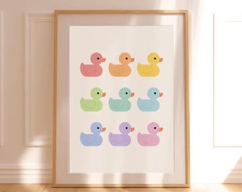 Art mural de salle de bain canards en caoutchouc impression de bain canard coloré décoration de chambre d'enfant mignonne drôle salle de bain originale toilettes oeuvre d'art ludique pour la maison imprimable