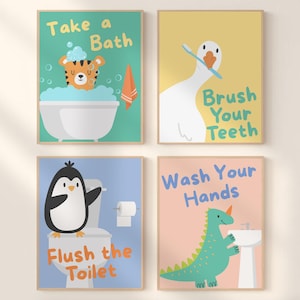 Bathroom Print Set of 60 Hand Drawn Kids Washroom Wall Decor Rubber ...