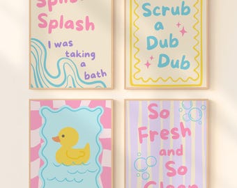 Rubber Duck Bathroom Art Set of 4 Prints Splish Splash Scrub A Dub Bathtub Wall Decor Sign Printable Little Girl Toddler Tub Time Posters