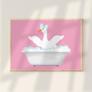 Kids Bathroom Sign Silly Goose Taking a Bath Print Cute Pink Washroom Decor Girls Children&#39;s Bathtub Wall Art Poster Funny Toddler Printable