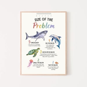 May include: A colorful chart with a scale of 1 to 5, depicting different sizes of problems. The chart features illustrations of a shark, dolphin, sea turtle, jellyfish, and fish. The text on the chart reads "Size of the Problem" and describes each problem size with a corresponding animal.