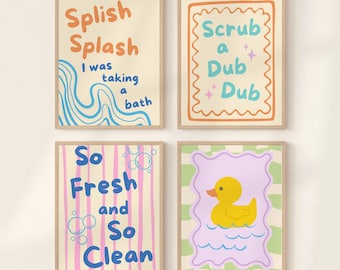 Splish Splash Scrub A Dub Dub Rubber Duck Bathroom Print Set of 4 Kids Bathtub Washroom Decor Childrens Wall Art Printable Bath Poster Signs