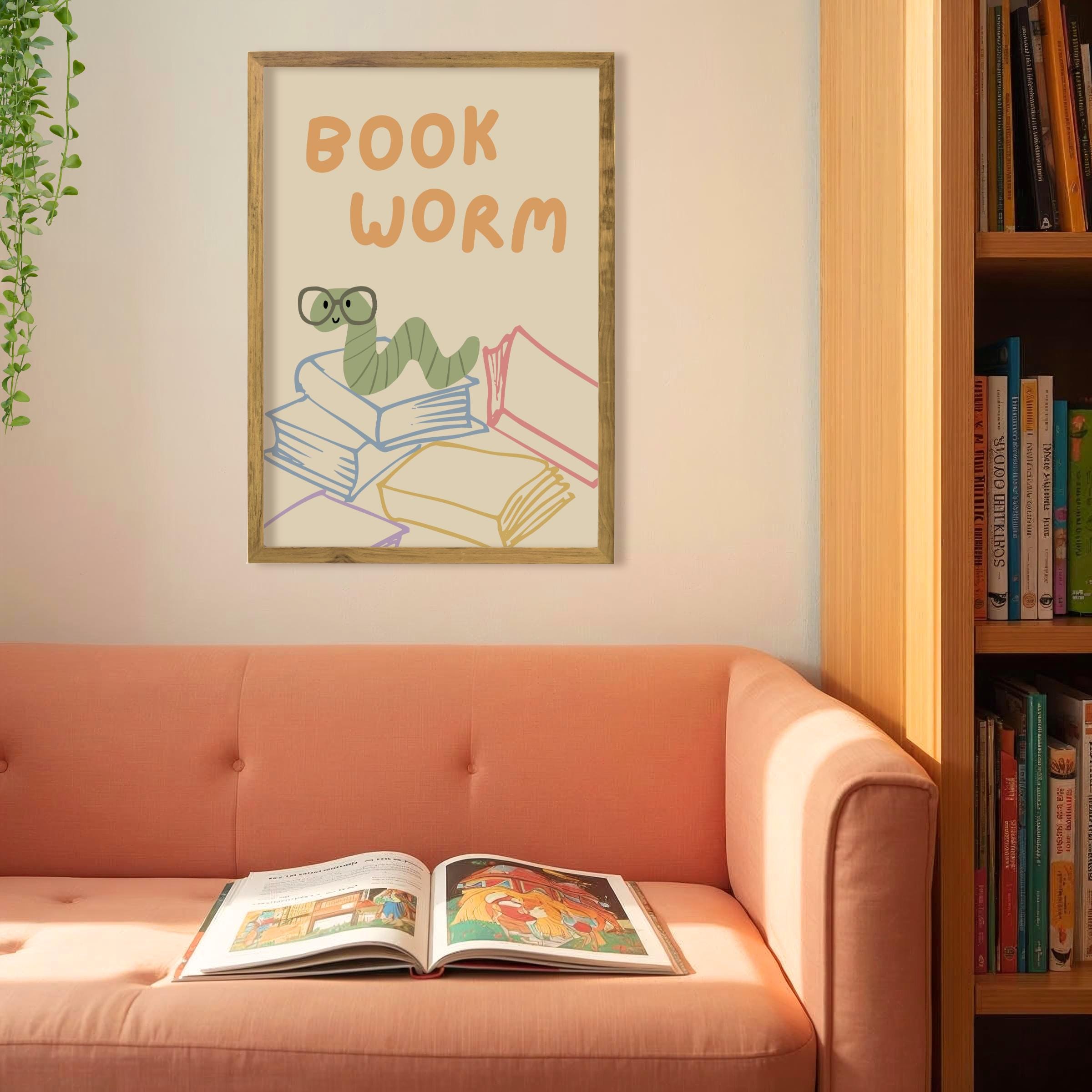 Hand-drawn Bookworm Wall Art Reading Corner Poster Story Time Print ...