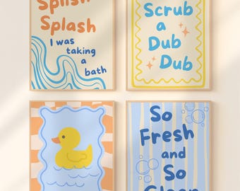 Splish Splash Scrub A Dub Dub Rubber Duck Bathroom Print Set of 4 Kids Bathtub Decor Wall Art Sign Bath Time Printable Toddler Tub Poster