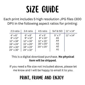 Puede incluir: Gr&aacute;fico blanco con las palabras "SIZE GUIDE" en negrita, en negro. La gu&iacute;a enumera los tama&ntilde;os de impresi&oacute;n en cent&iacute;metros para varias relaciones de aspecto, incluyendo 2:3, 3:4, 4:5, 5x7 y 28 cm x 35 cm. El texto en la parte inferior dice "PRINT, FRAME AND ENJOY".