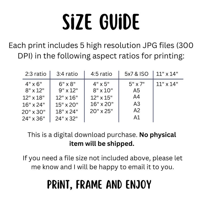 Puede incluir: Gr&aacute;fico blanco con las palabras "SIZE GUIDE" en negrita, en negro. La gu&iacute;a enumera los tama&ntilde;os de impresi&oacute;n en cent&iacute;metros para varias relaciones de aspecto, incluyendo 2:3, 3:4, 4:5, 5x7 y 28 cm x 35 cm. El texto en la parte inferior dice "PRINT, FRAME AND ENJOY".
