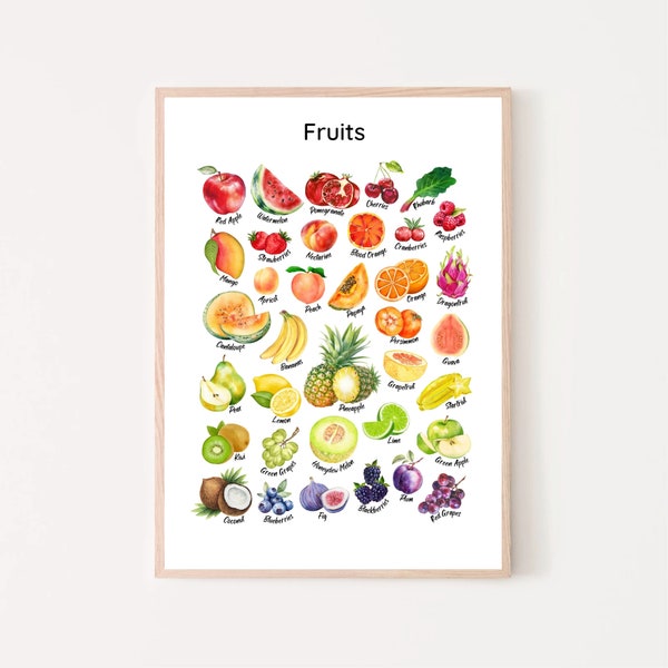 Fruits Educational Poster, watercolor fruits print, rainbow fruits, learning poster, Montessori kitchen printable food art, classroom decor