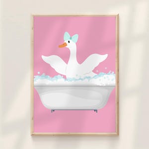 Silly Goose Taking a Bath Pink Kids Bathroom Print Cute Girls Bathtub Washroom Decor Funny Children&#39;s Wall Art Poster Printable Toddler Sign