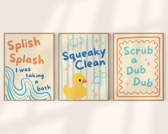 Bathroom Wall Art Print Set of 3 Splish Splash Scrub A Dub Dub Squeaky Clean Rubber Duck Bathtub Washroom Decor Cute Printable Kid Bath Sign