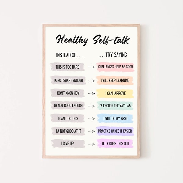 Healthy Self-talk Poster, growth mindset print, therapy office decor, counselor office wall art, psychotherapy art, mental health tools, CBT