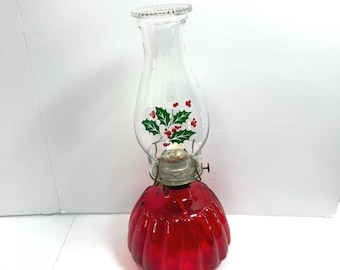 Vintage Ruby Red Oil Lantern with Holly Design – Christmas Holiday Decor