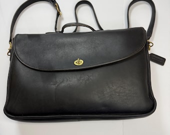 Vintage Coach Dark Brown Full-Grain Leather Messenger Bag Briefcase Brass Turn-Lock Made USA