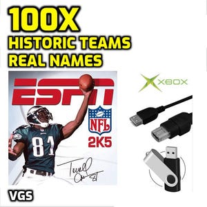 May include: Image features a video game cover for ESPN NFL 2K5, with a football player in a green and white uniform. The image also shows a USB flash drive and Xbox cables, with the text "100X Historic Teams Real Names."