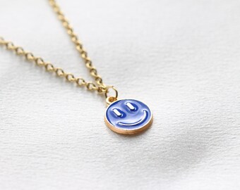 Smiley Necklace Blue Enamel Gold Tone