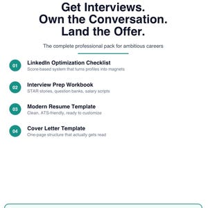 May include: A digital career launch kit document featuring the text Career Launch Kit 2026, Get Interviews, Own the Conversation, Land the Offer, and a list of four items: LinkedIn Optimization Checklist, Interview Prep Workbook, Modern Resume Template, and Cover Letter Template.