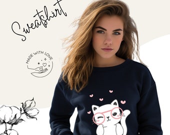 Cat love sweatshirt/ with front print/ sweater with round neck/ women's sweater/ gift for women/ long-sleeved shirt