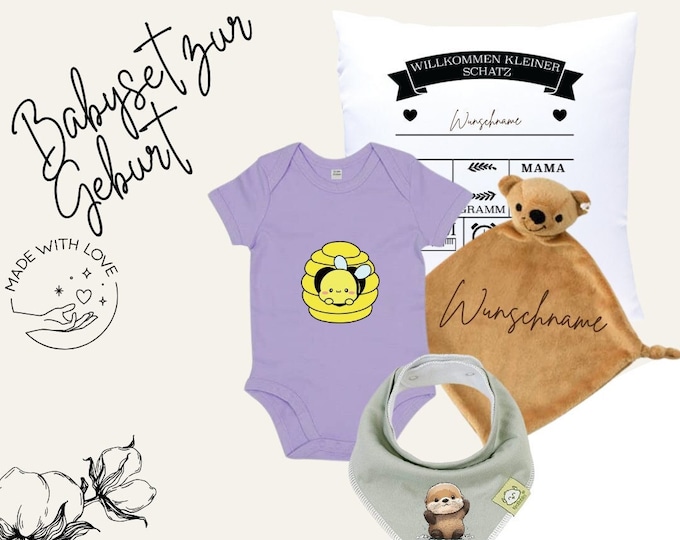 Personalized baby gift box - romper, name pillow, soft toy & bib set | welcome gift for birth | personalized