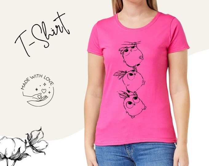 T-shirt women, with feminine fit, front print cute birds, great gift for her, cotton shirt with round neck, top with short sleeves