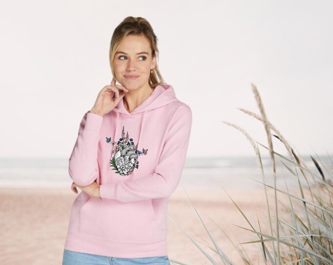 Stylish women's hoodie with heart and flower motif - Pink hoodie - Perfect for spring and autumn - Comfortable cotton mix - Gift
