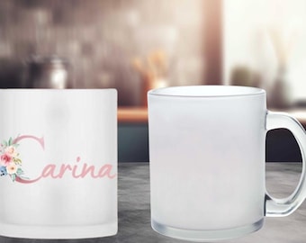 Coffee cup, tea cup, glass cup made of frosted glass sublimated with great motifs personalized with desired name