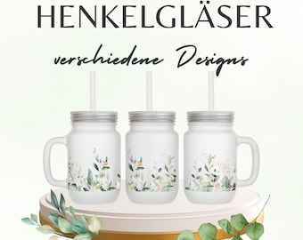 Glass with handle and lid – various designs | 400ml Mason Jar | Sublimation print | Drinking glass with summer motif | Gift idea