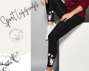 Floral leggings for women - black yoga pants with cherry blossom design | Comfortable sports pants | Spring and summer fashion | Fitness & leisure