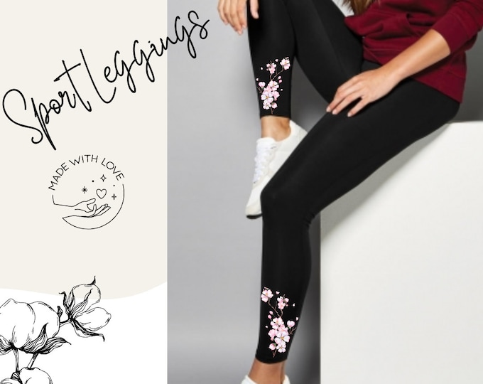 Floral leggings for women - black yoga pants with cherry blossom design | Comfortable sports pants | Spring and summer fashion | Fitness & leisure