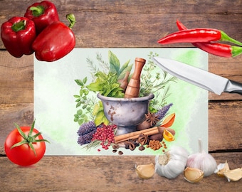Cutting board, glass cutting board sublimated with herbs a great gift