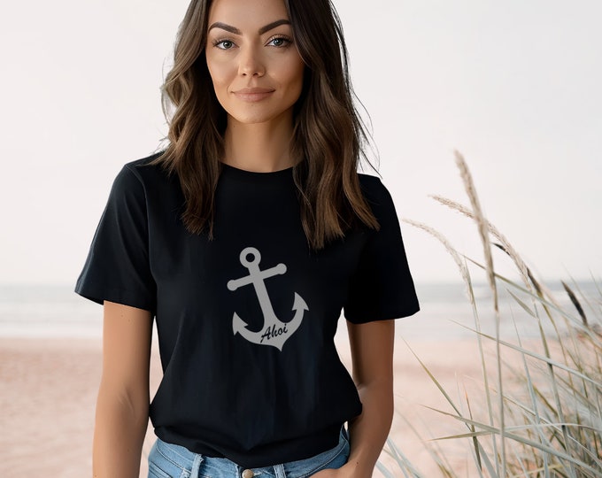 Women's T-Shirt Anchor Design - Maritime Ahoy Shirt - Fashionable Women's Top - Summer Beach Look - Black, Cotton - Gift Idea