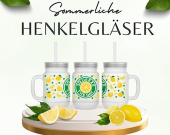 Glass with handle and lid – various designs | 400ml Mason Jar | Sublimation print | Drinking glass with summer motif | Gift idea