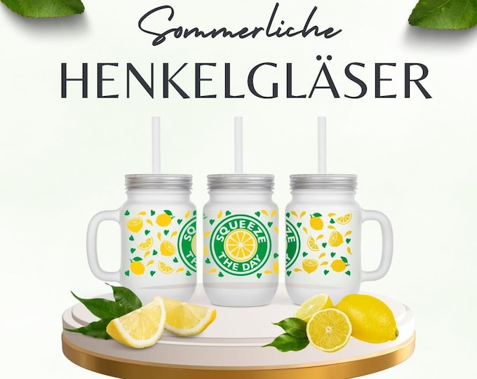 Glass with handle and lid – various designs | 400ml Mason Jar | Sublimation print | Drinking glass with summer motif | Gift idea
